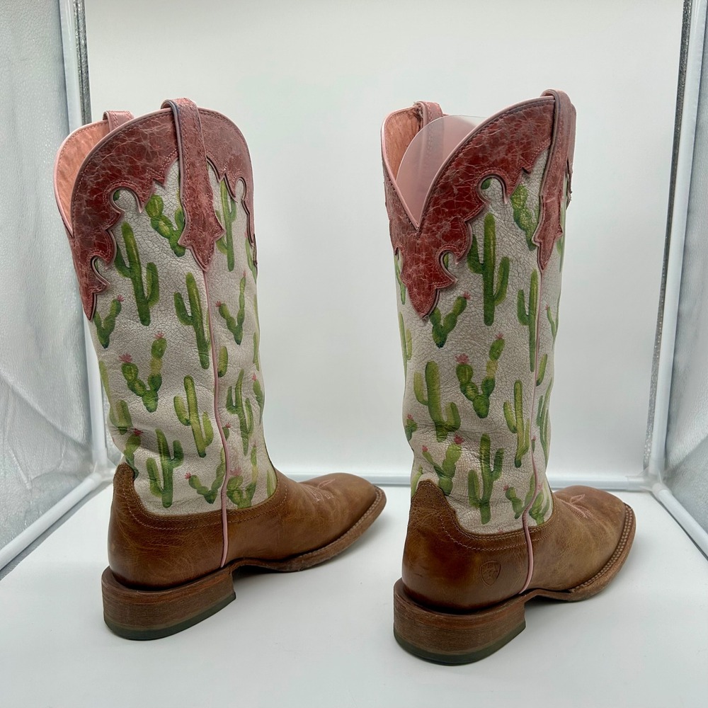 Ariat Fonda Women Cactus Print Leather Boots Wide Square Toe Brown Pink Size 8B - Picture 10 of 13